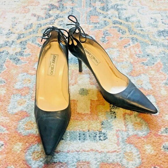 JIMMY CHOO Y2K Black Leather Bow Butterfly Cutouts Heels Pumps Shoes 37.5/7 - Picture 1 of 14